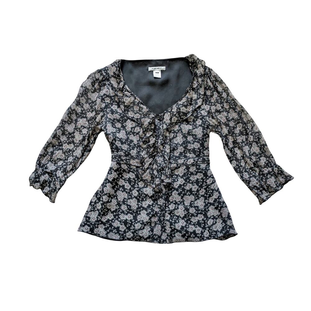 Y2K Nine West Babydoll Silk Ruffle Top 4 Black Pink Floral Dark Romantic Cottage
